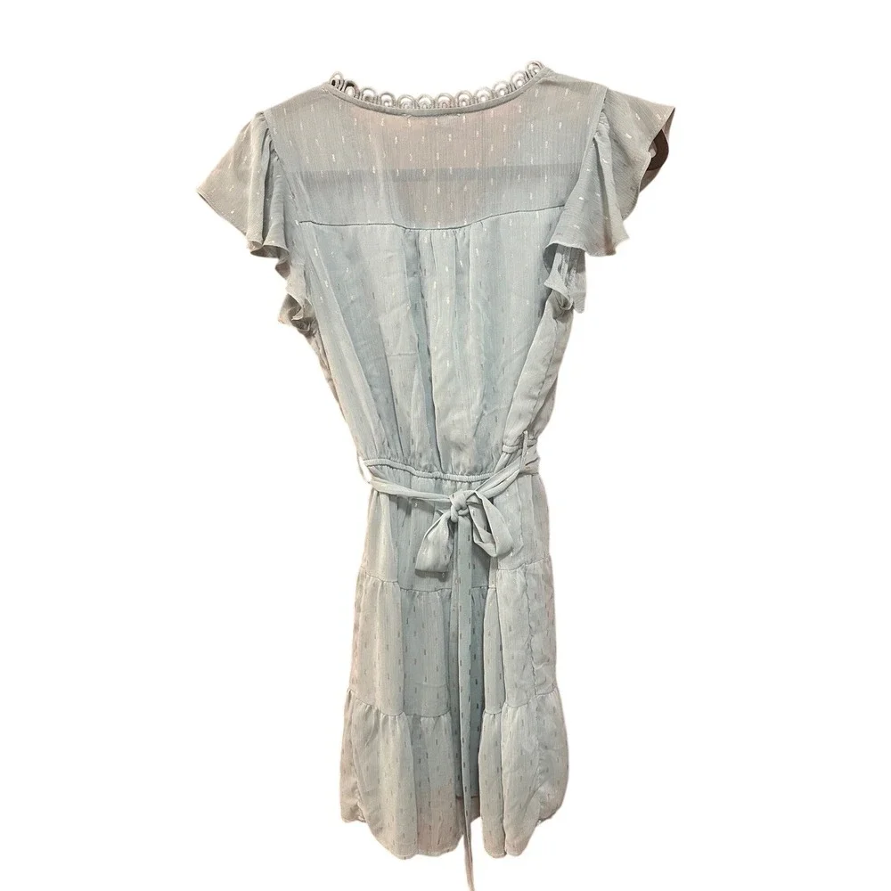 Sweet Wanderer Blue‎ Gold Metallic Clip Dot Crochet Lace Flutter Sleeve  Dress M